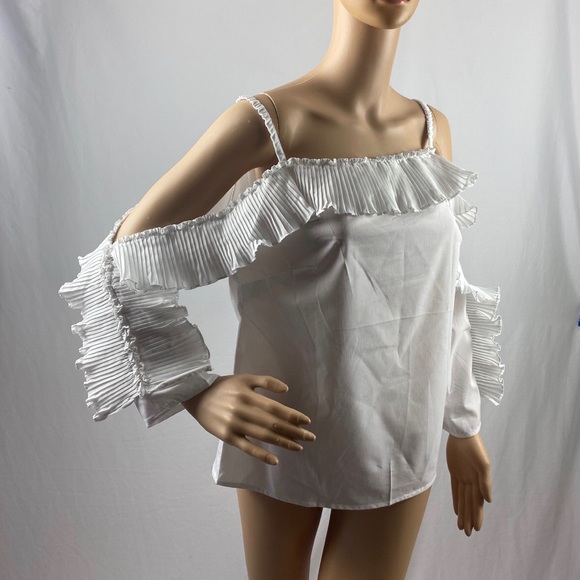 White Long Sleeve Cold Shoulder Ruffle Blouse - Picture 6 of 8
